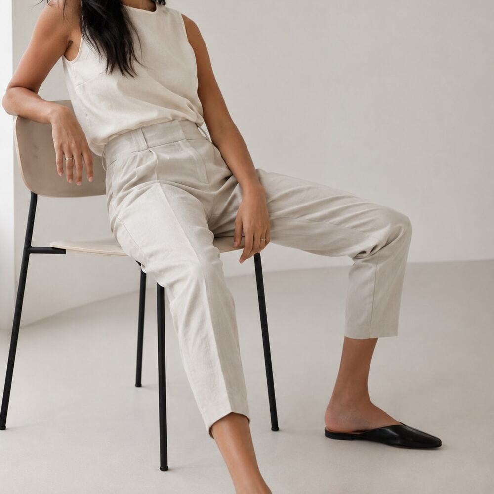 Ted Baker Pants Womens 0/US 2 Beige Linen High-rise Cropped Pleated Trousers